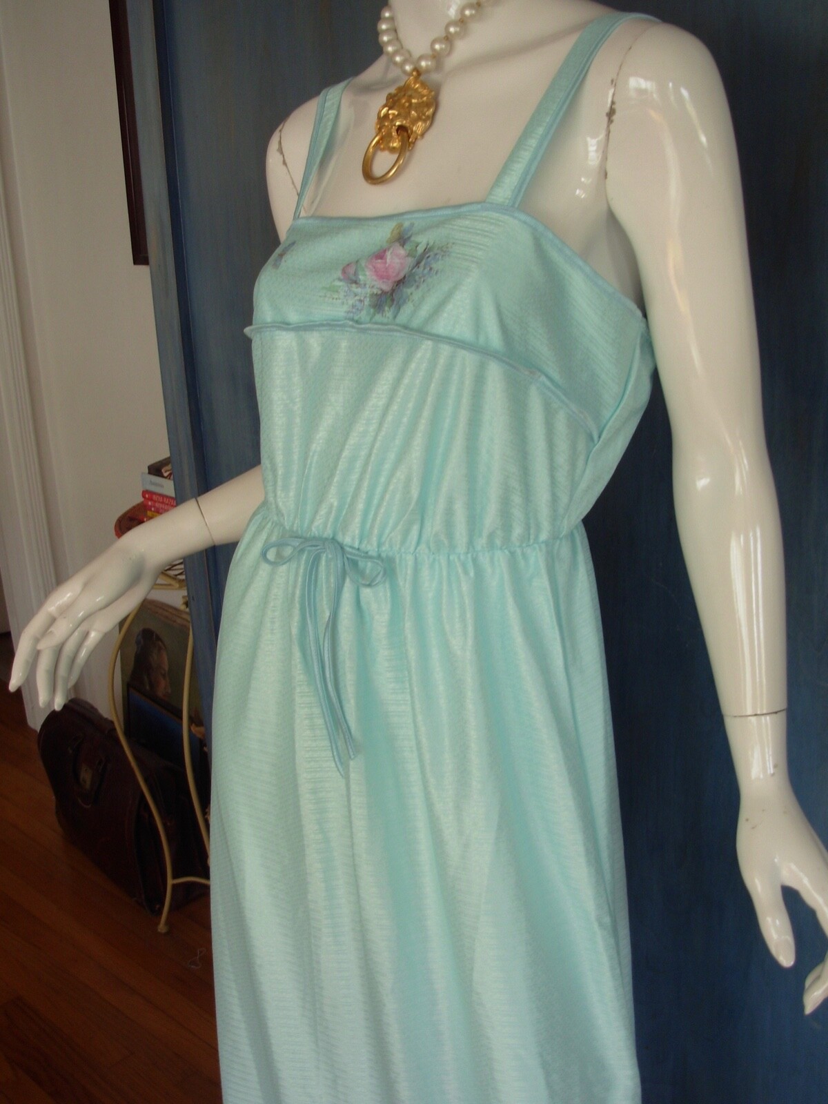 Nightie Nightgown L Vtg 70s 80s KEYNOTE UK Blue FLORAL BUTTERFLY HONEYMOON MAXI
