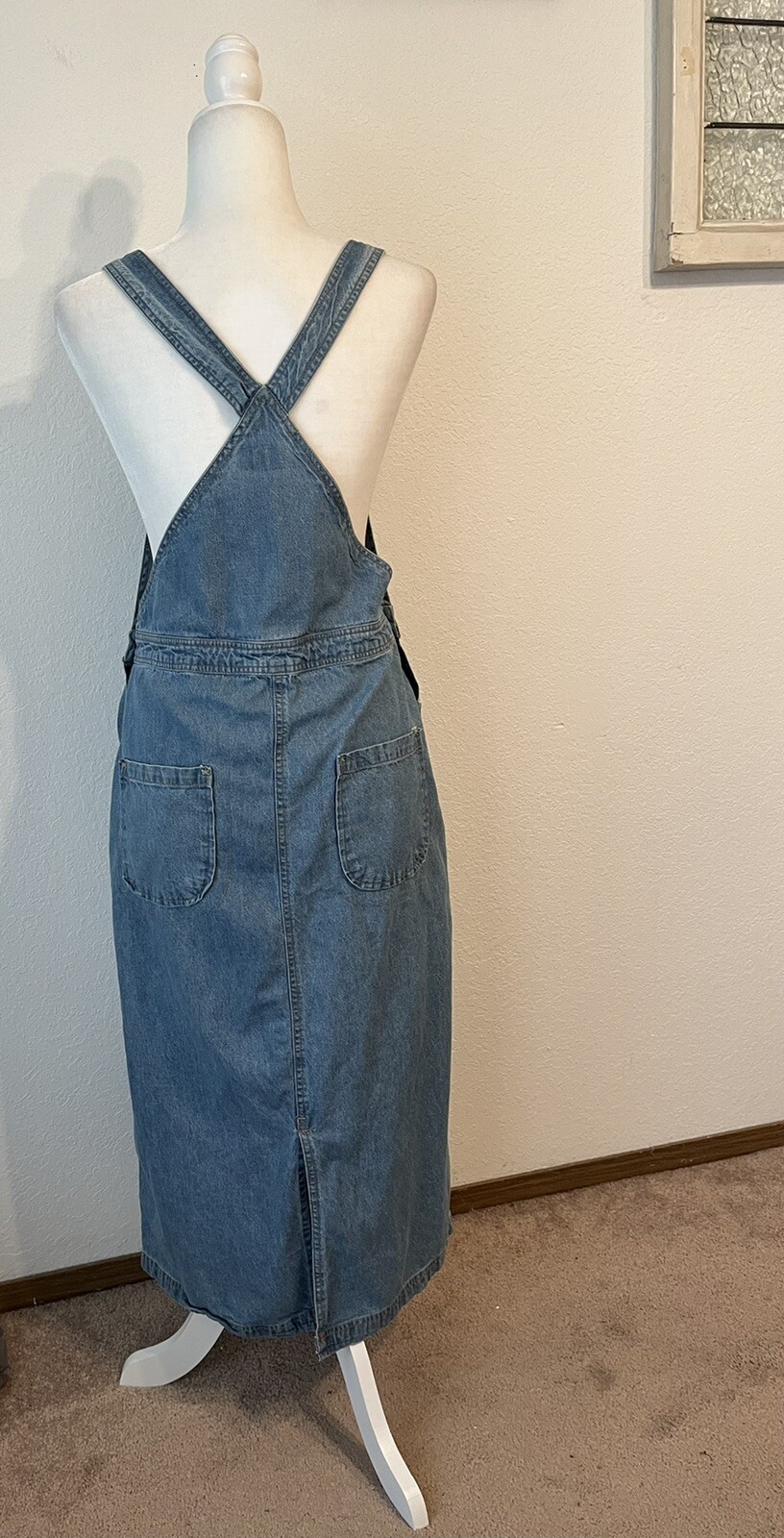Vintage 90’s Expressions Blue Denim Overall Midi Dress Wm Md Pockets