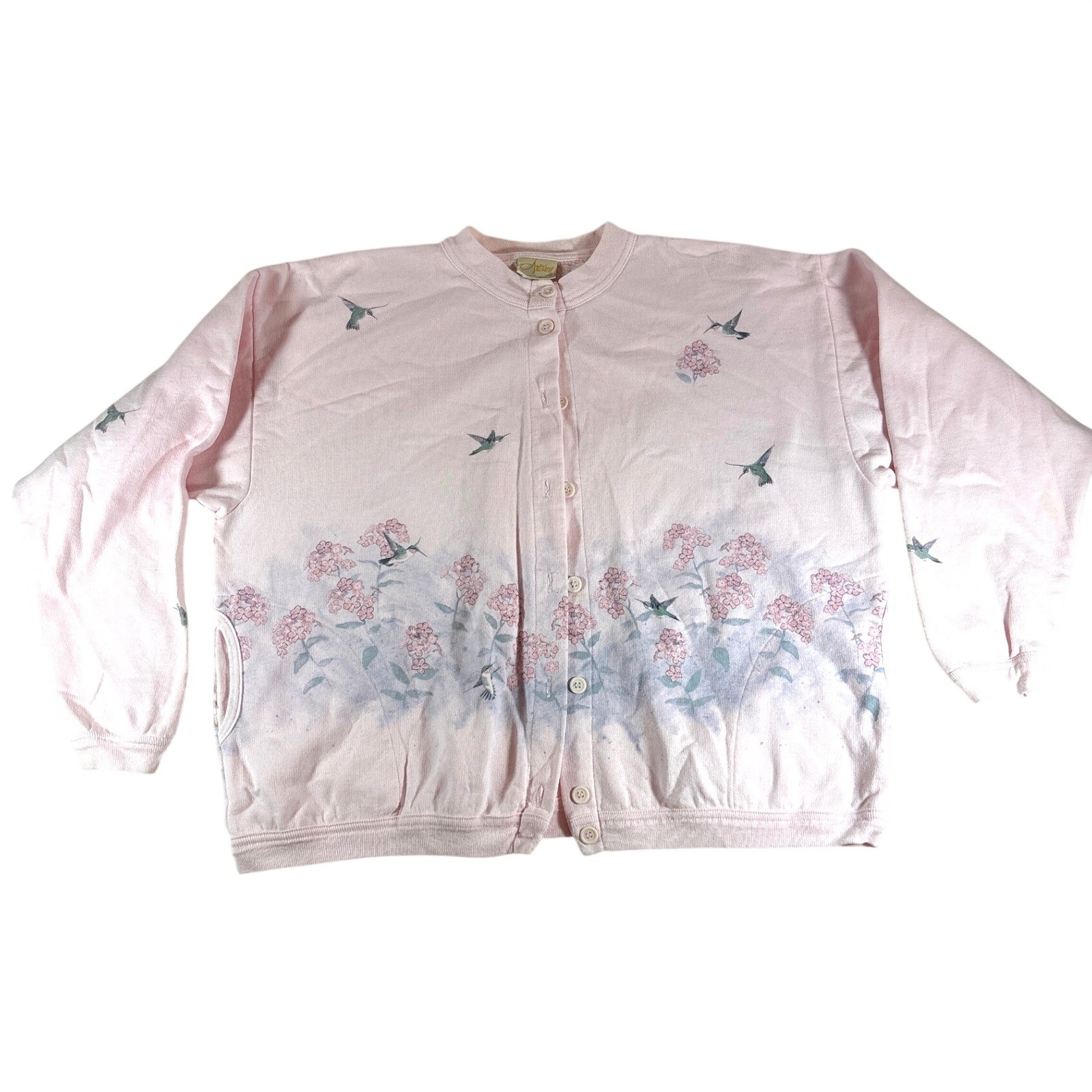 Artisans Inc Vintage Hummingbird Floral Fleece Cardigan Pink Sweatshirt Large