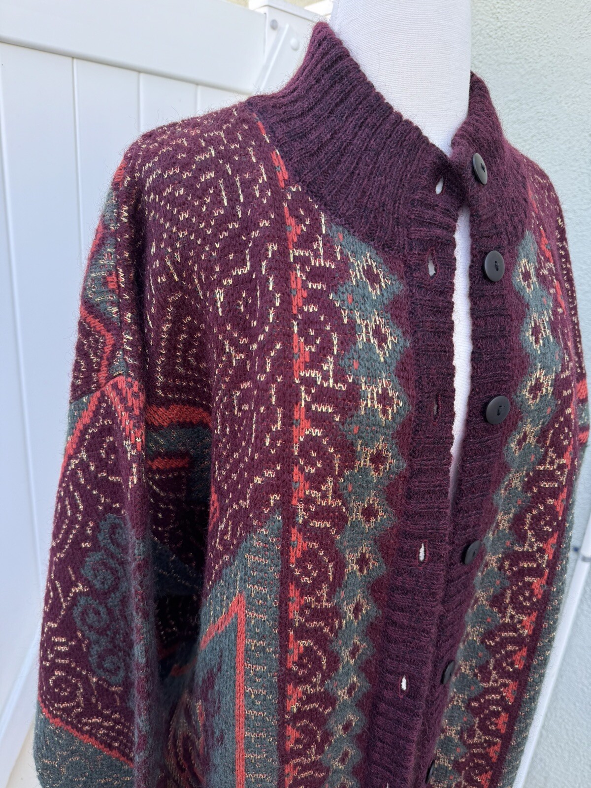 Vtg Cervelle Long Sweater Duster Size XL Burgundy Gold Wool Lurex Fall Pockets