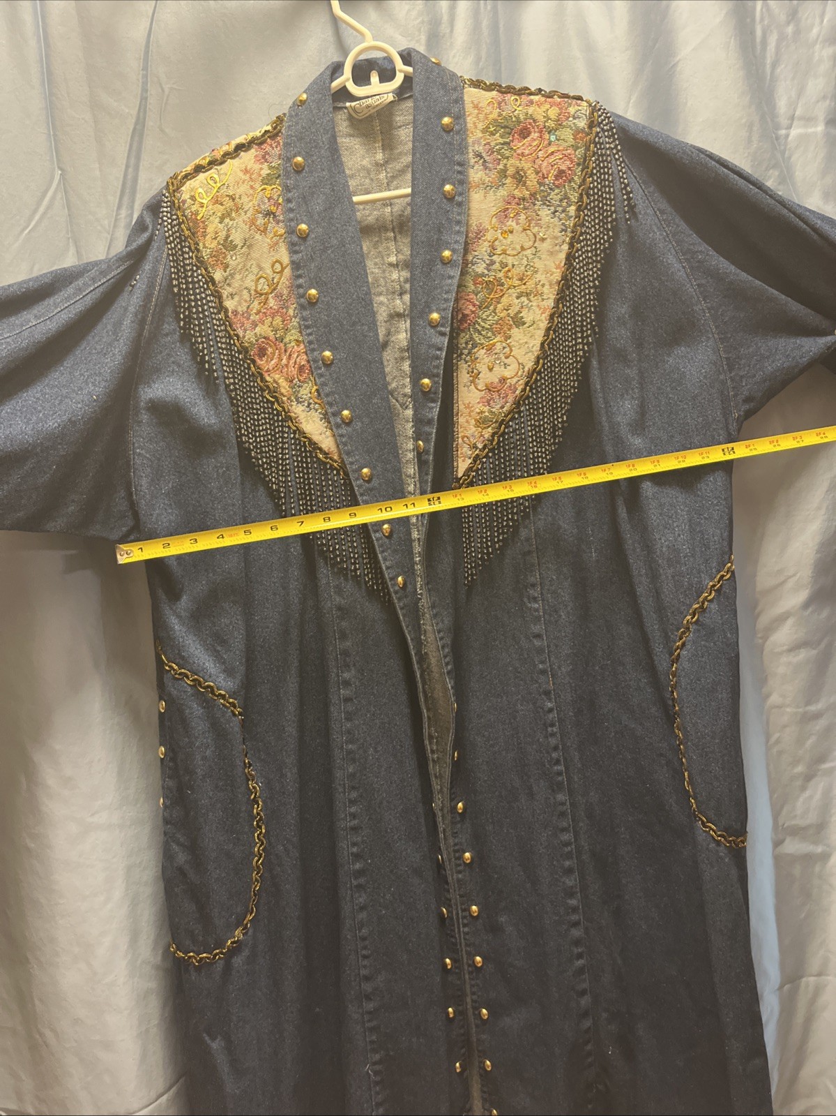 RARE Vintage 80s Charle Casuals Beaded Tapestry Gold Denim DUSTER BOHO See Pix