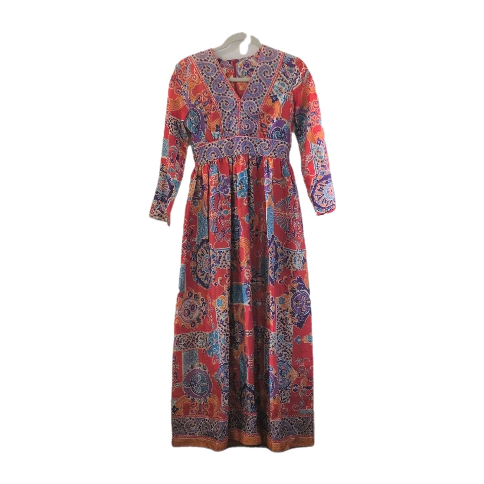 Diana Dean by Julius Lonsch 1970s Bohemian Maxi Dress S Red Purple Orange Blue