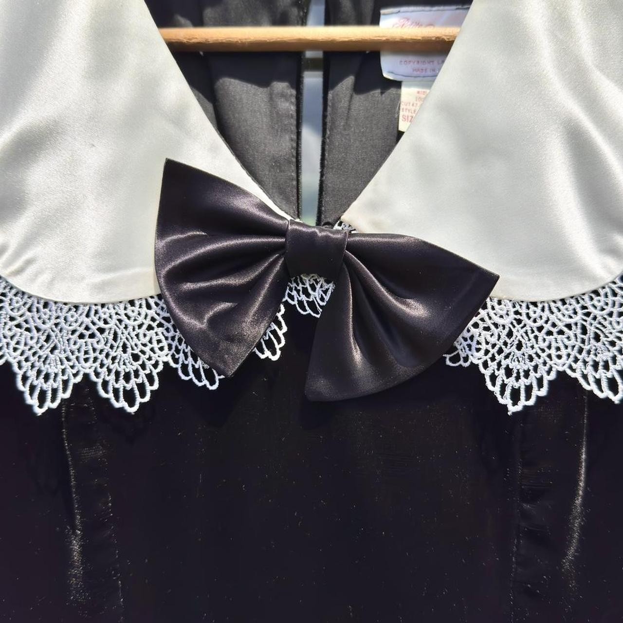 60s Miss Lanz black velvet dress w/ button back, large bow, satin lace collar