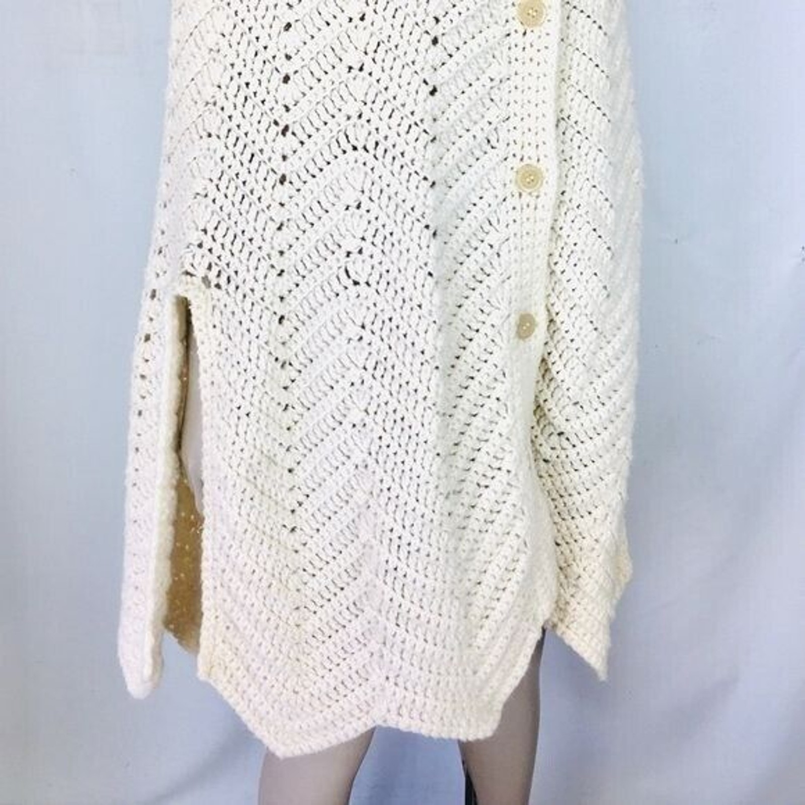 Vintage 70s Boho Hippie Creme Crochet Knit Bohemian Poncho Cape Long Sweater