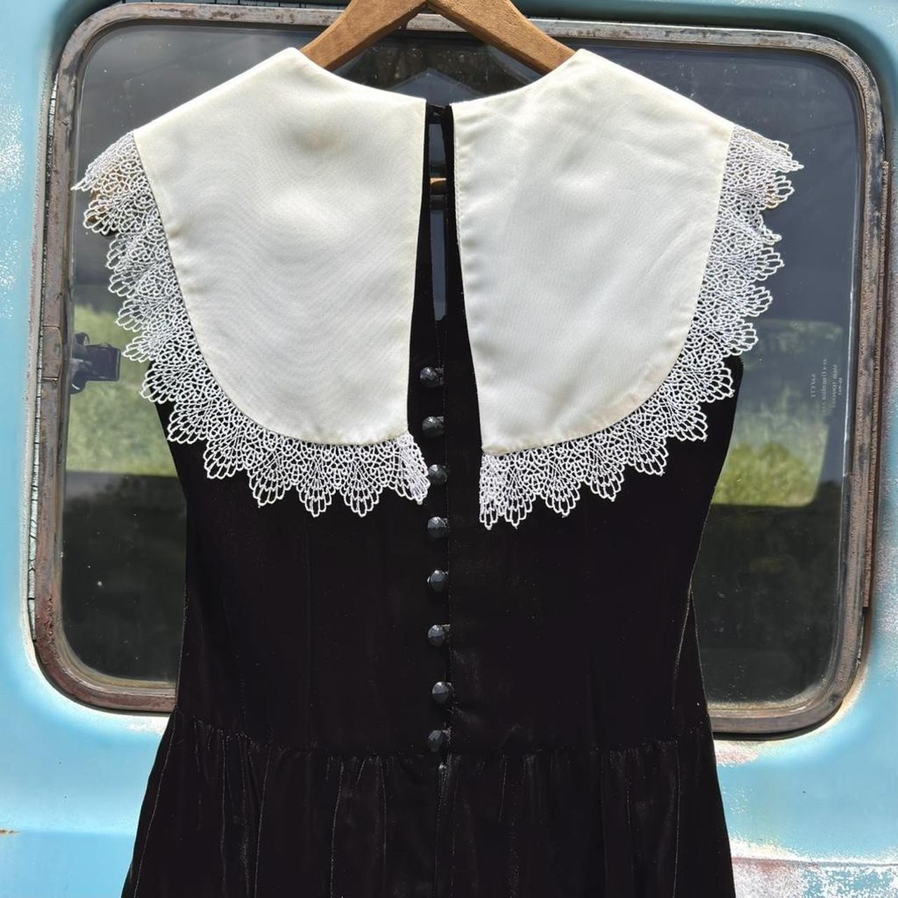 60s Miss Lanz black velvet dress w/ button back, large bow, satin lace collar
