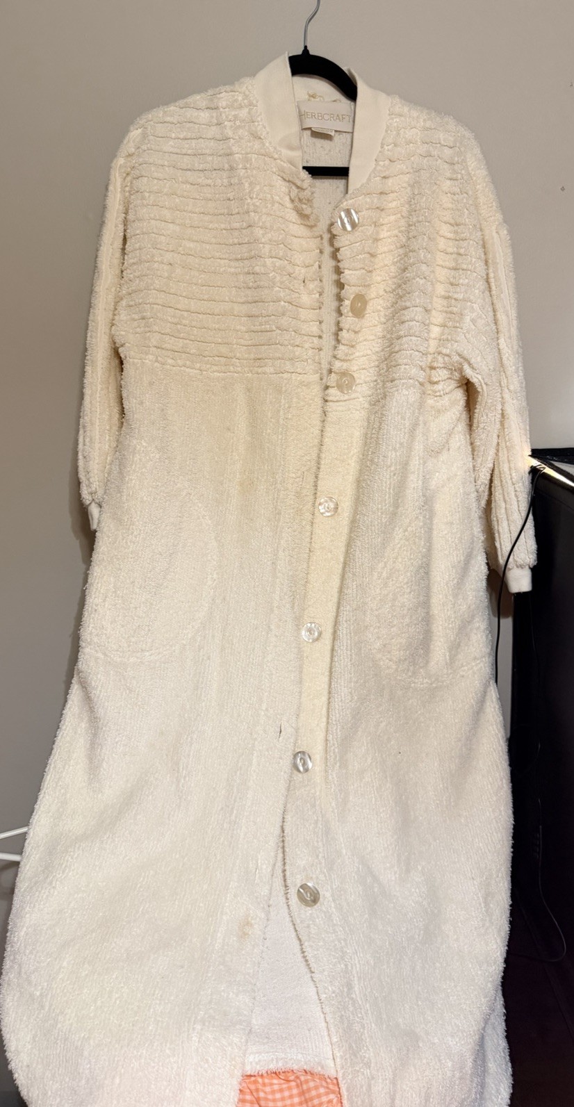 Vtg Herbcraft Cream Chenille Dressing Gown Robe Coverup Womens S Button Front