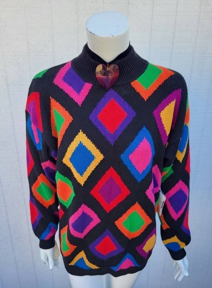 1980s Deadstock Rafaella Argyle Harlequin Style Knit Pullover Sweater