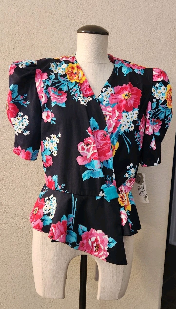 VTG 80s Stuart Alan Petites 2 Piece Dress Set Floral Peplum Top Size 14