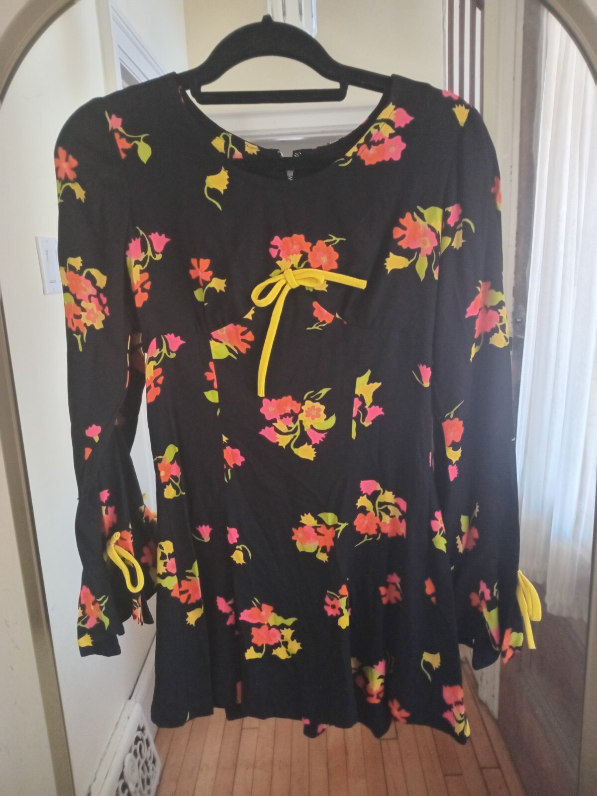 Vintage 60s Black Neon Pink Yellow Floral Mini Dress Mod Go Go Hippie Rare S