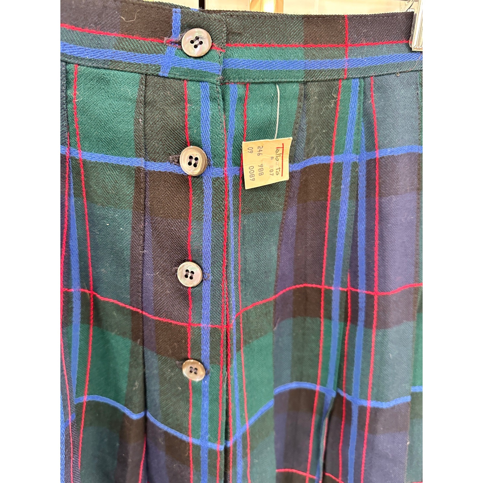 David Brooks Vintage 100% Wool Plaid Pleated Midi Skirt Green Blue Tartan 8P USA