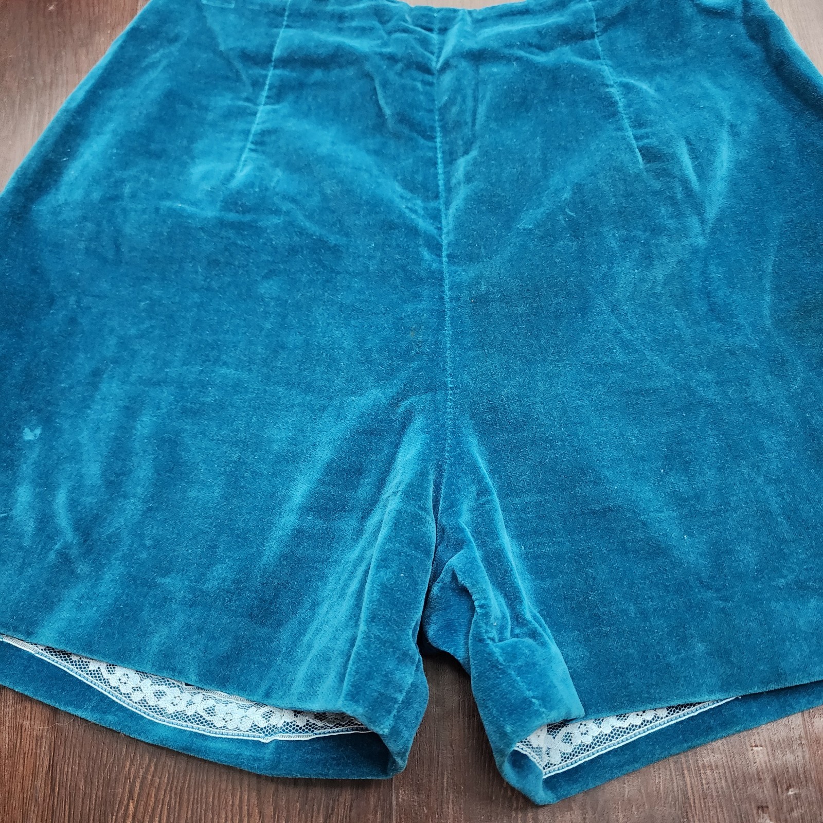 Vtg 60s Mod Go Go Teal Blue Hot Pants Velvet Pin-Up Burlesque Shorts Woodard~XS