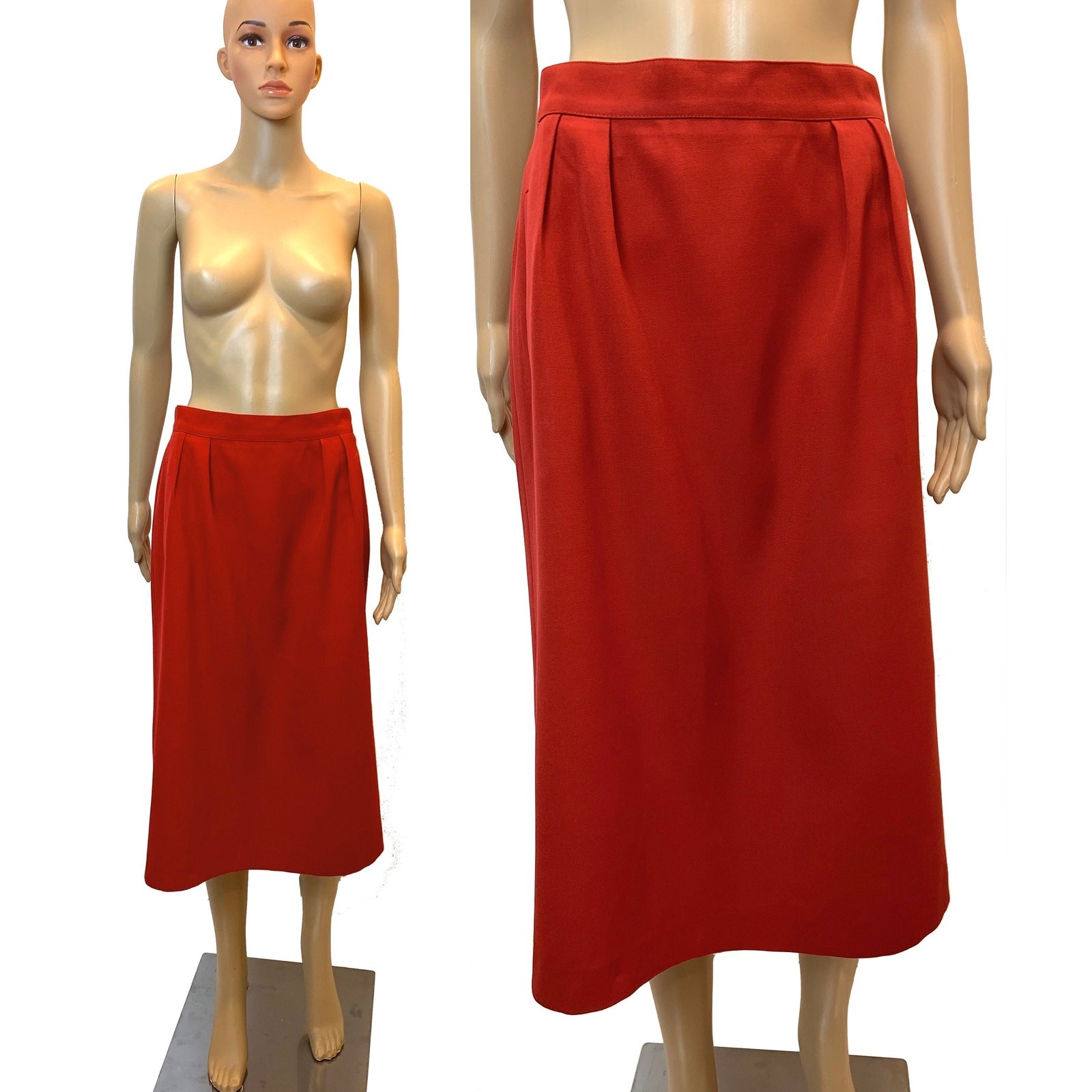 Vintage Ted Lapidus Brick Red Wool Midi Skirt France Straight Lined W 29.5″