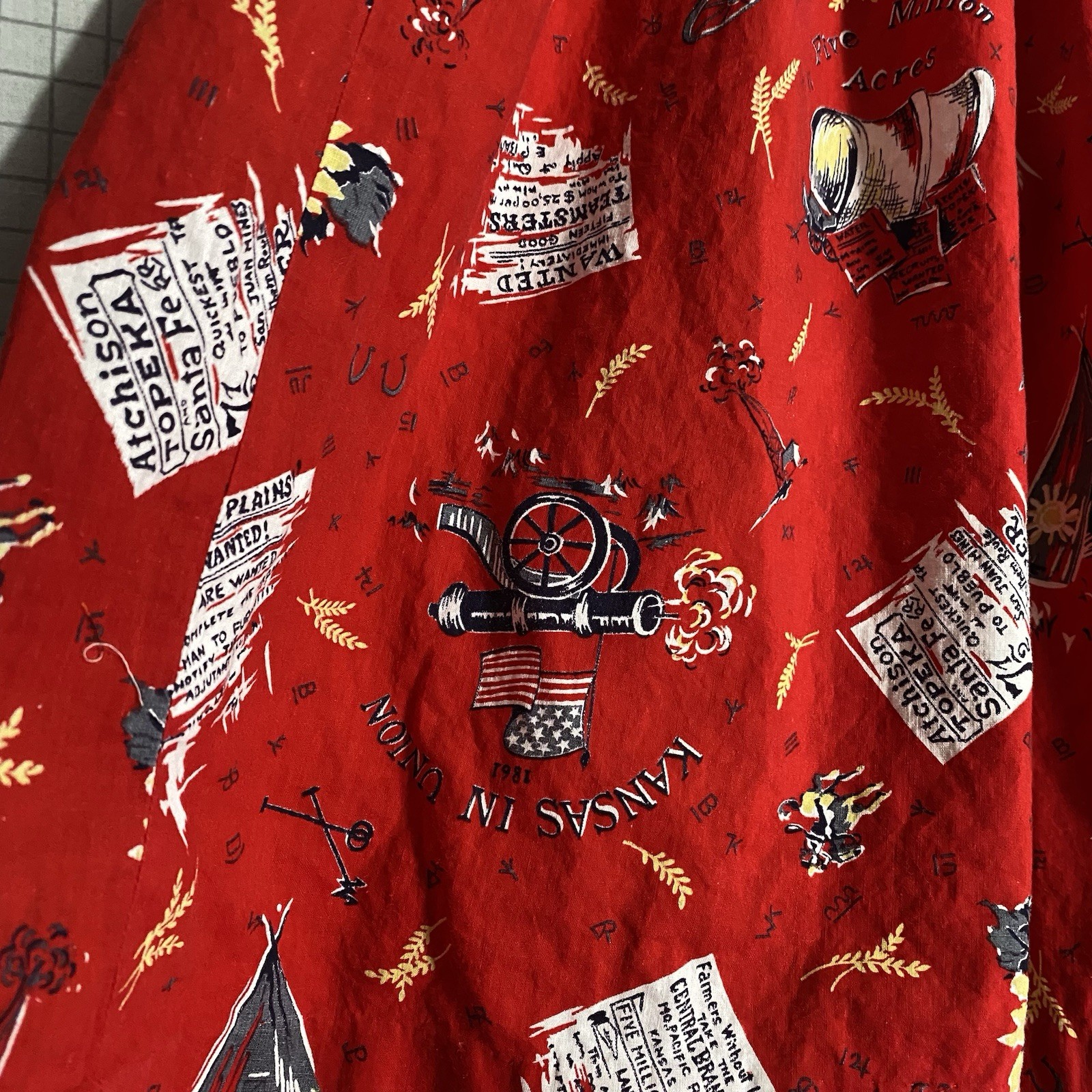Vintage 50s Novelty Print Skirt Art Santa Fe Railroad Travel Rockabilly Western