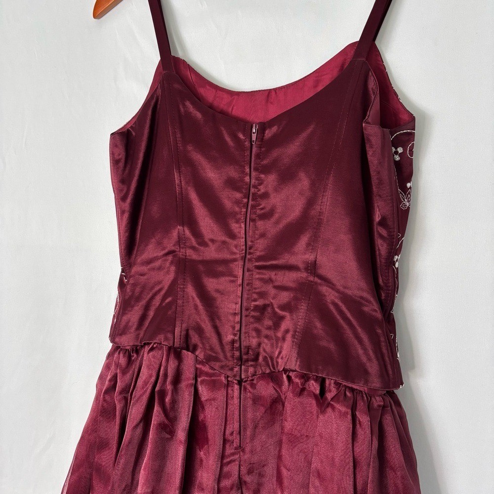 Vintage 90s Kiki USA Corset Embroidered Dress Gown Burgundy Red Size M A Line