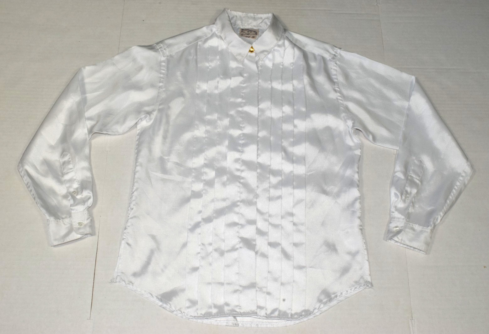 Vintage Blouse Westbound Size S 70s 80s White Satin Tuxedo Style Button Up
