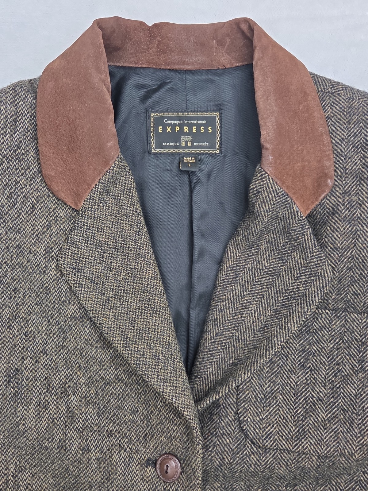 Vtg 1990s Equestrian Riding Wool Blazer Tweed Leather Lapels Size L Express