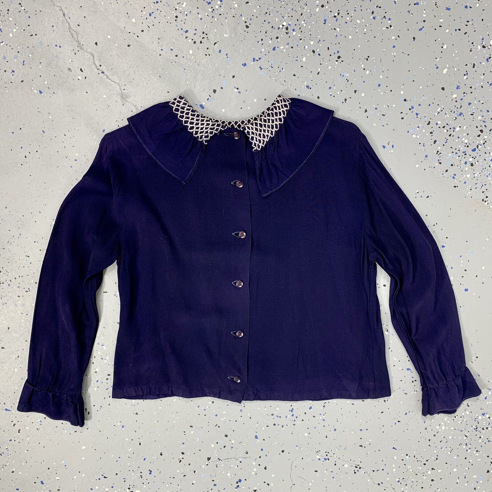 Vintage 40s Blue Crepe Back Button Blouse Smocked Collar AS IS Pattern Study S/M