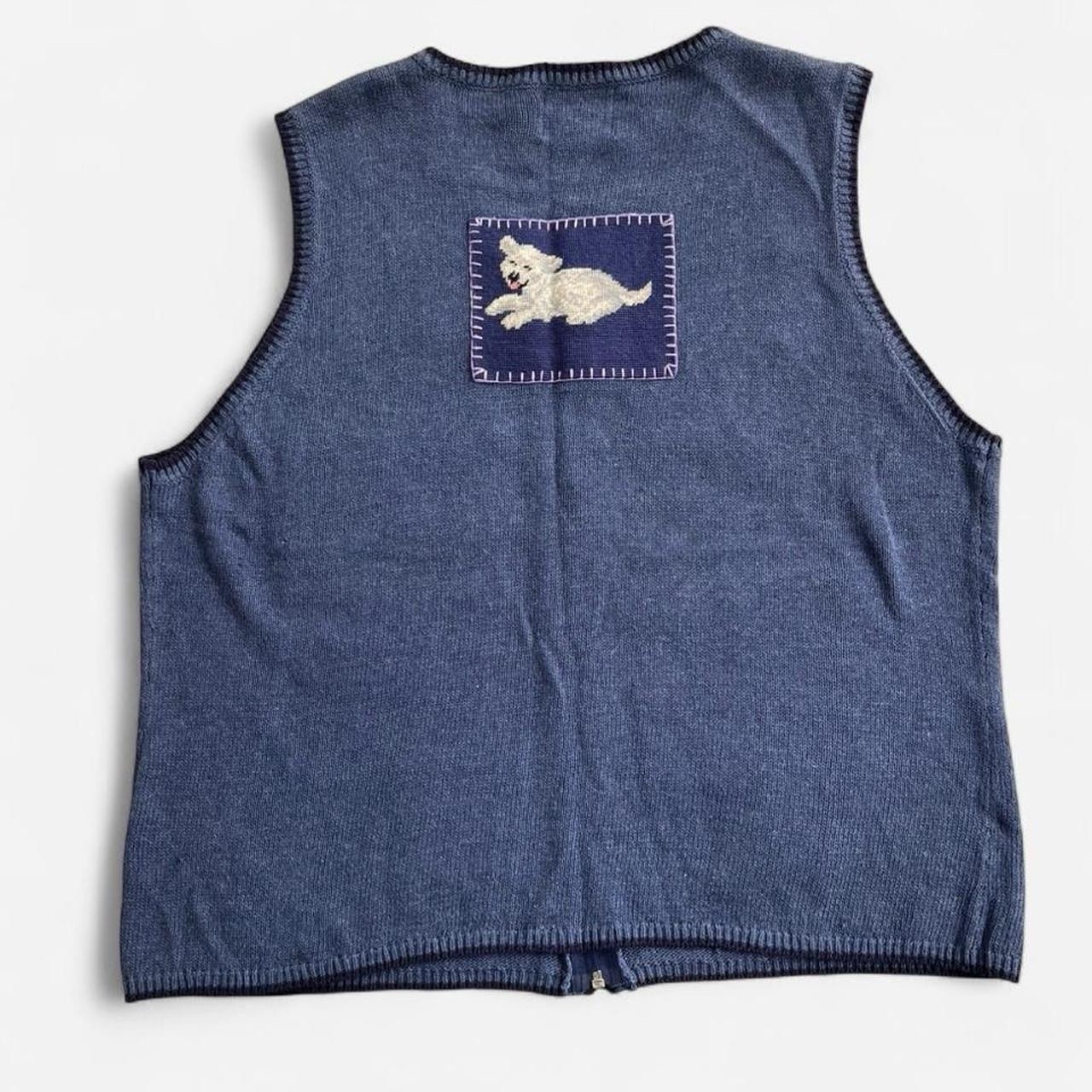 Eagle’s Eye Blue Knit Embroidered Cross Stitch Dog Zippered Sweater Vest Granny