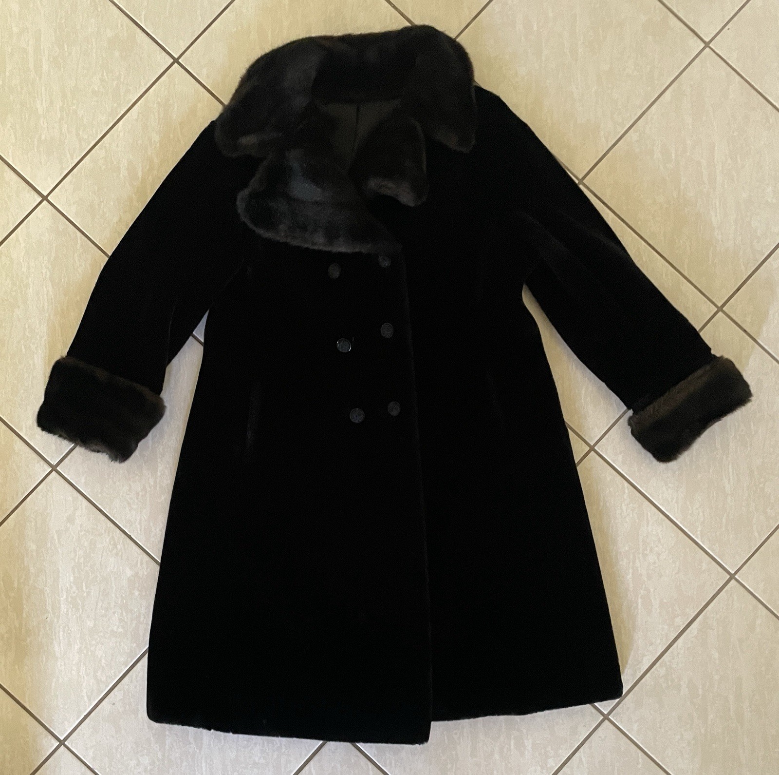 Vtg 60s Borgana Sportowne Black Faux Fur Coat ILGWU Union Double Breasted M/L