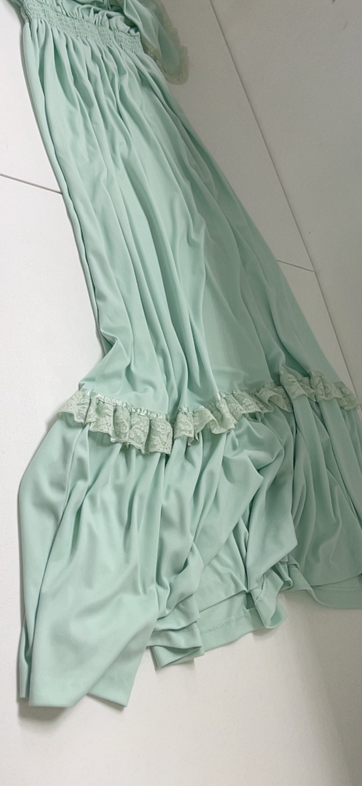 VTG Vicky Vaughn maxi baby doll dress sz S/M – mint green lace ruffle prairie