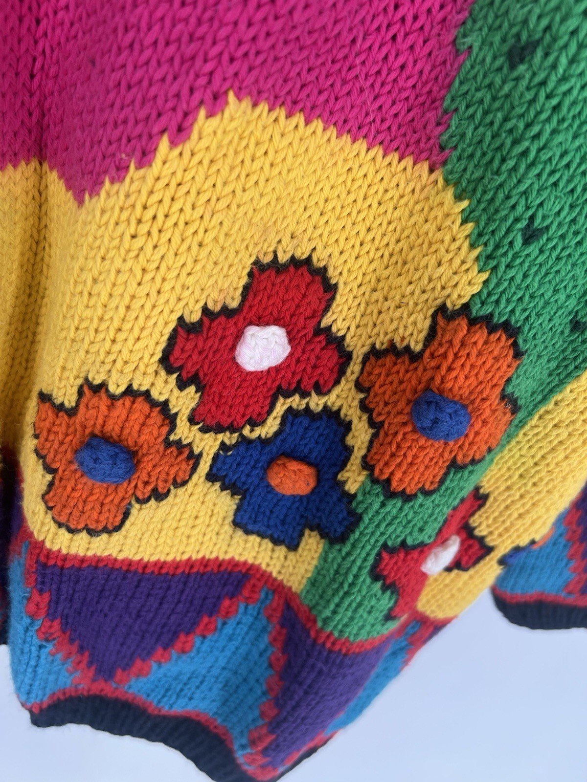 Vtg Andina Retro Abstract Embroidered Floral Cactus Chunky Knit Sweater Cardigan