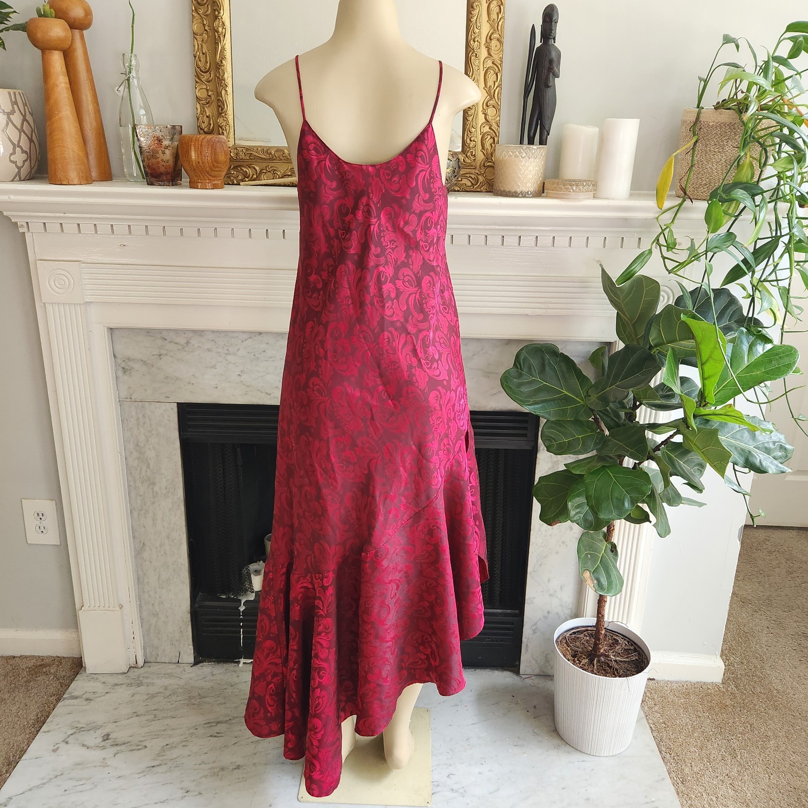 Vintage 80s Red Jacquard Ruffle Slip Dress Size Large Maxi Asymmetric Ruffle