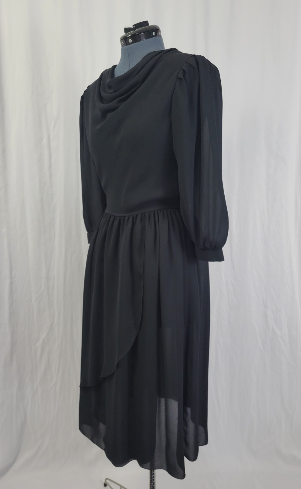 Vintage Leslie Fay Black Blouson Dress w Wrap Skirt Size 8