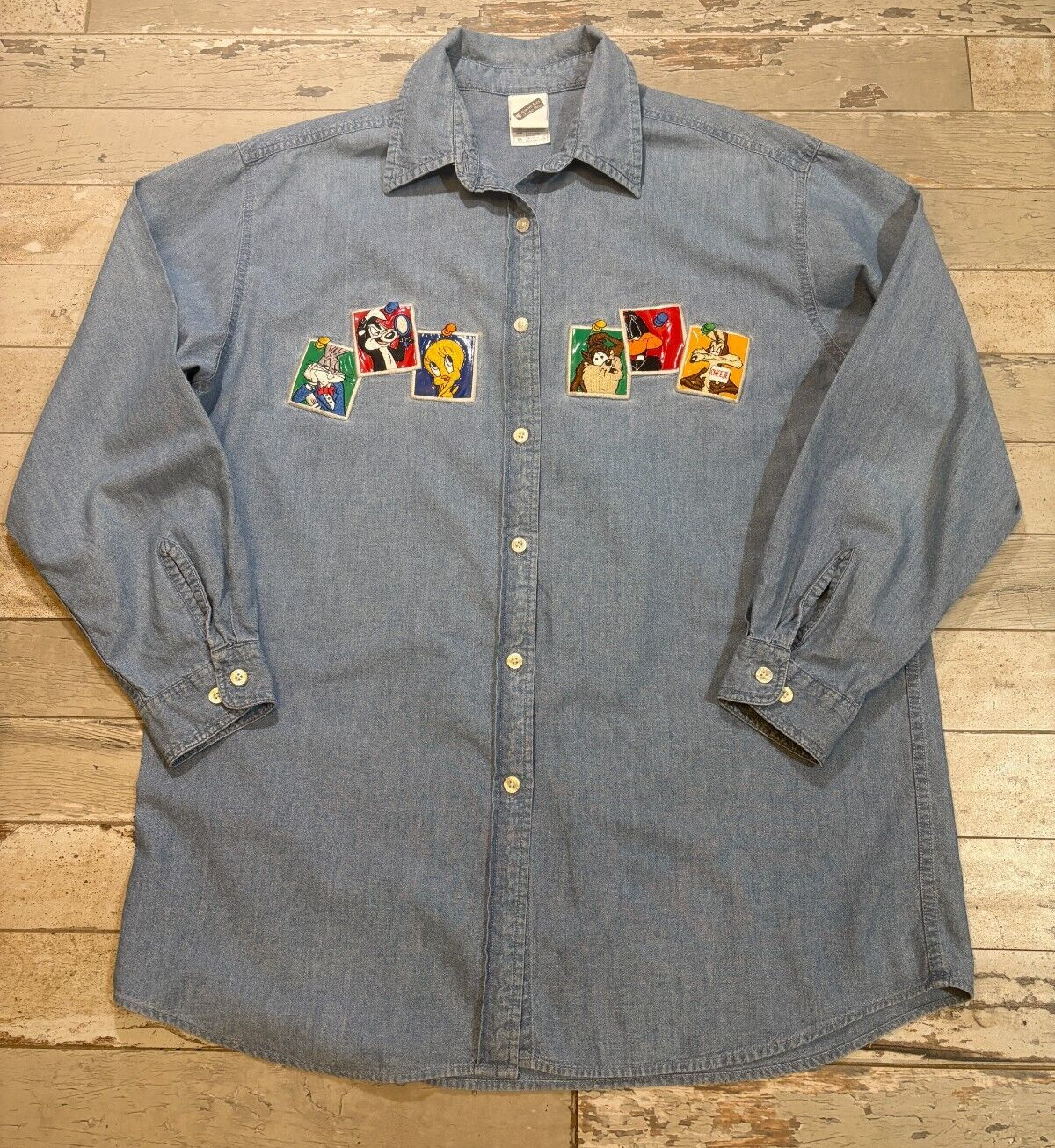 VTG Warner Brothers Studio Store Shirt Looney Tunes Button-Up Denim Woman MED
