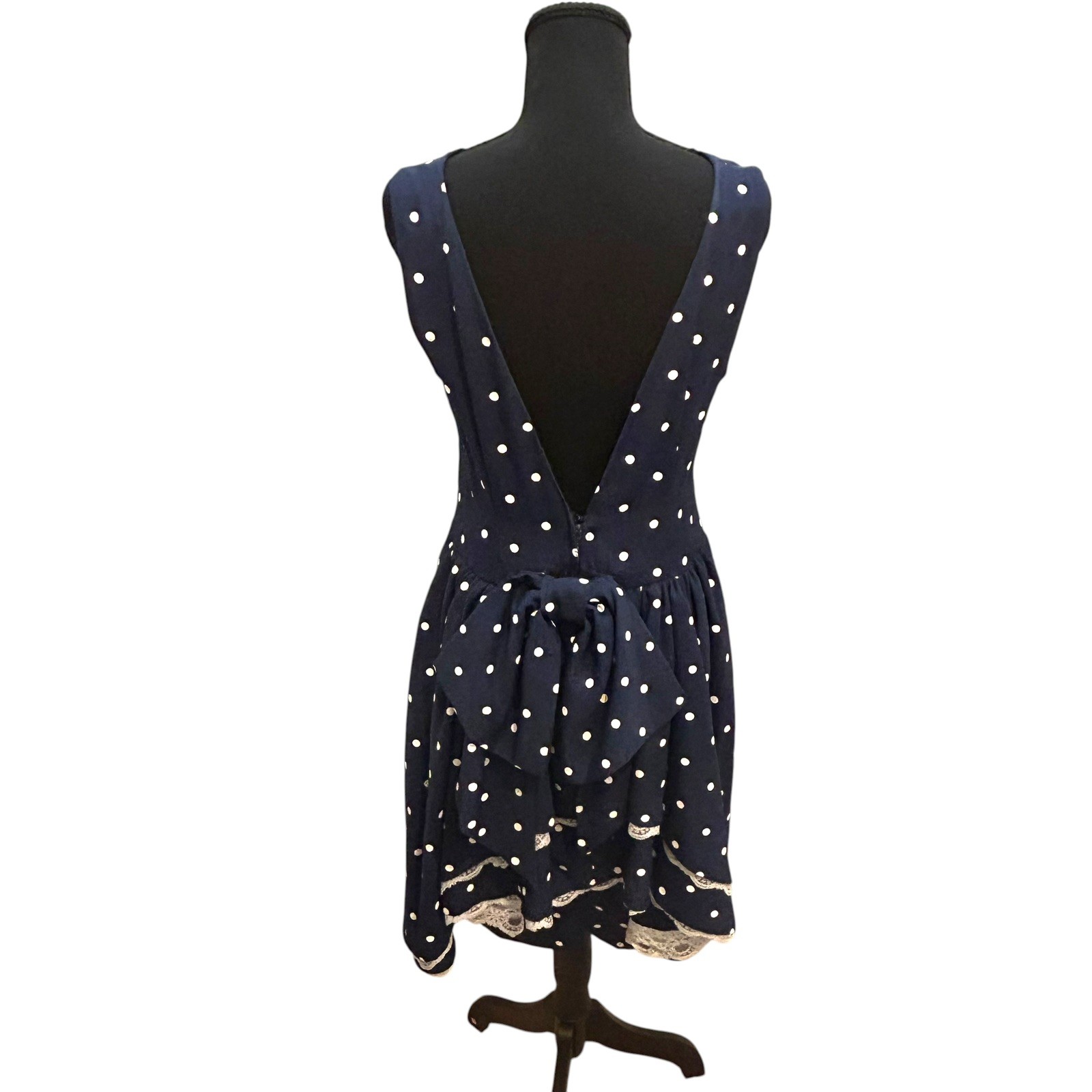 Vintage 1980s 1990s Polka Dot Dress Navy Blue Bow Lace Trussel Size XS or S