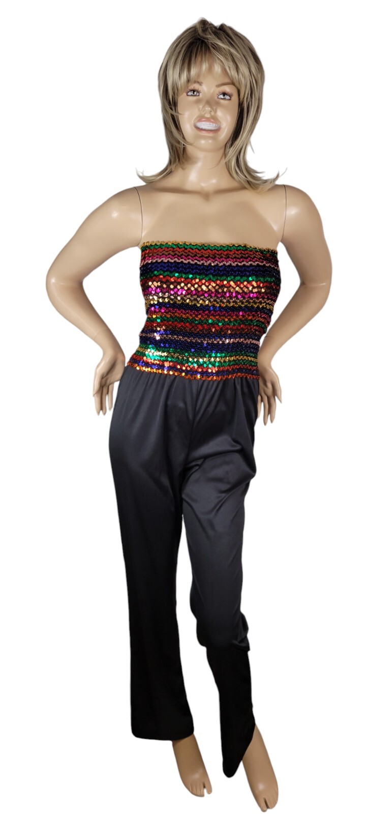 Vintage 70s JC Penney Fashions Rainbow Sequin Disco Halter Jumper Jumpsuit 13/14