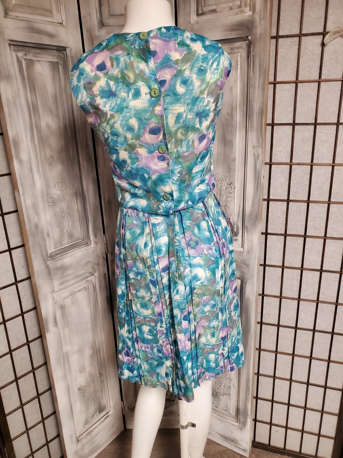 VTG 50s 60s Skirt Button Up Back Top 2 Pc Set Floral Beach Playsuit XS Sundress