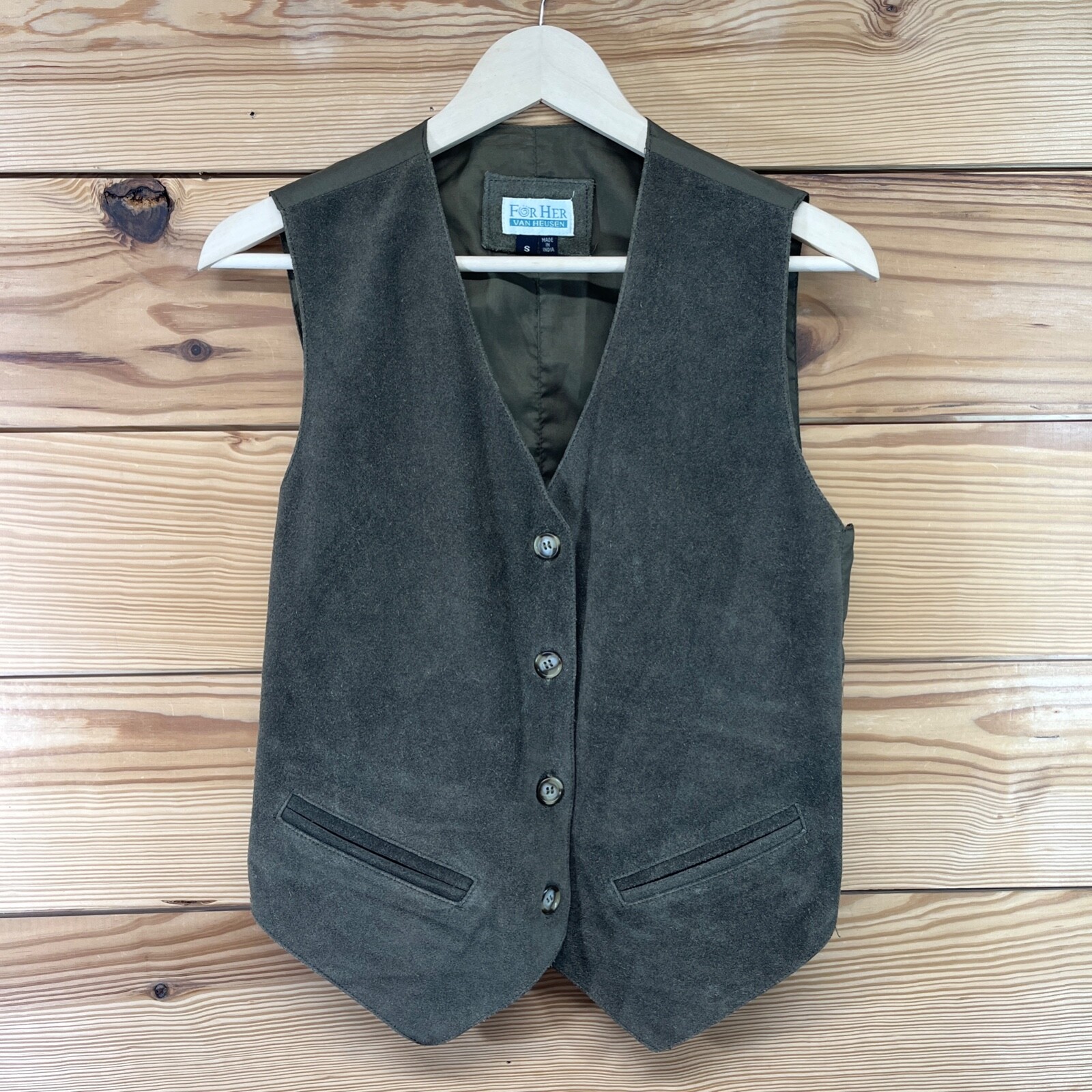 Vtg Van Heusen For Her Genuine Leather Vest Small Green Button Up Suede B97