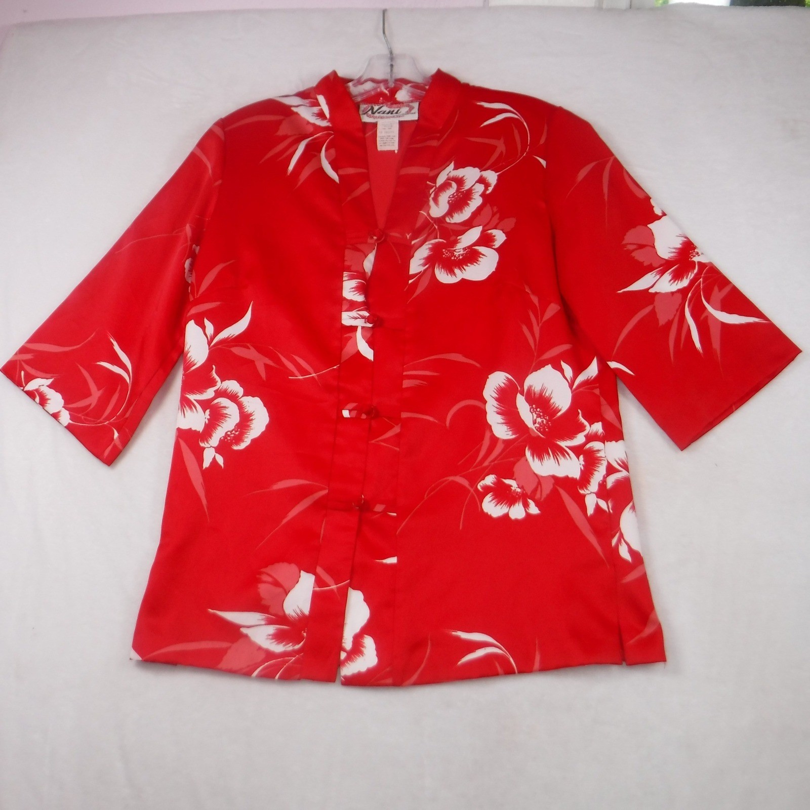 Nani of Hawaii Vintage Red Hibiscus Floral Frog Button Blouse Top Size 10