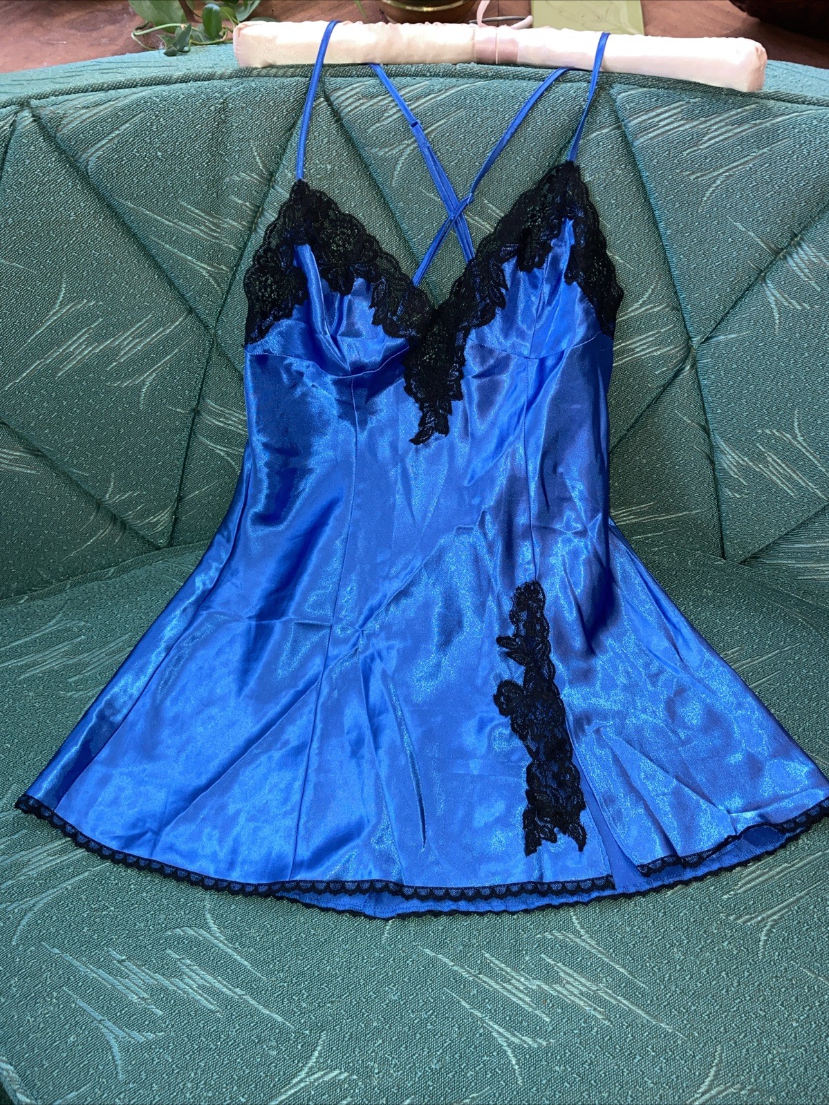 Vintage Frederick’s Of Hollywood Slip Chemise Blue W Black Lace Small