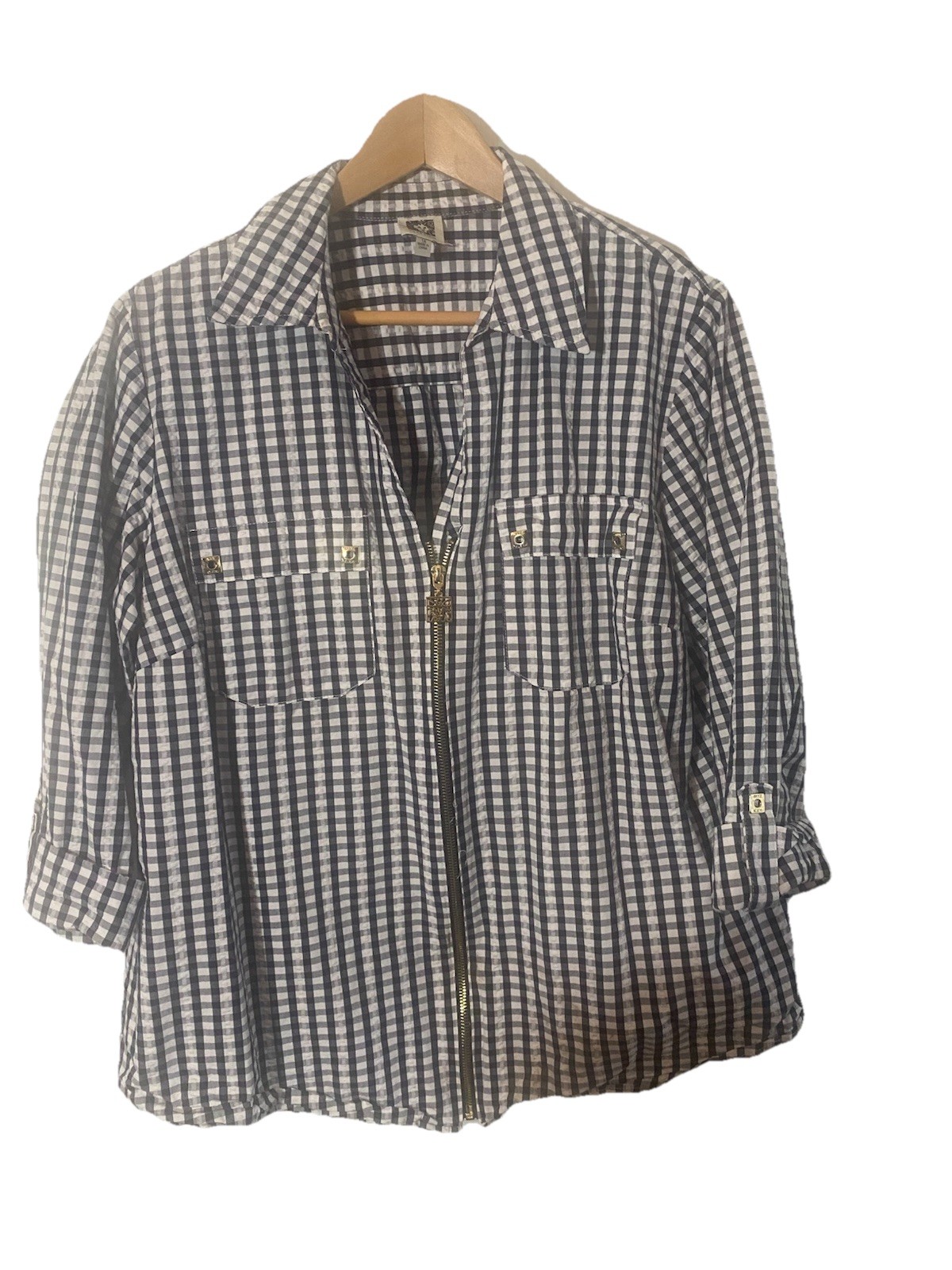 Plus XL Blouse Cuffed Sleeve Full Zip up Checkered Top Anne Klein