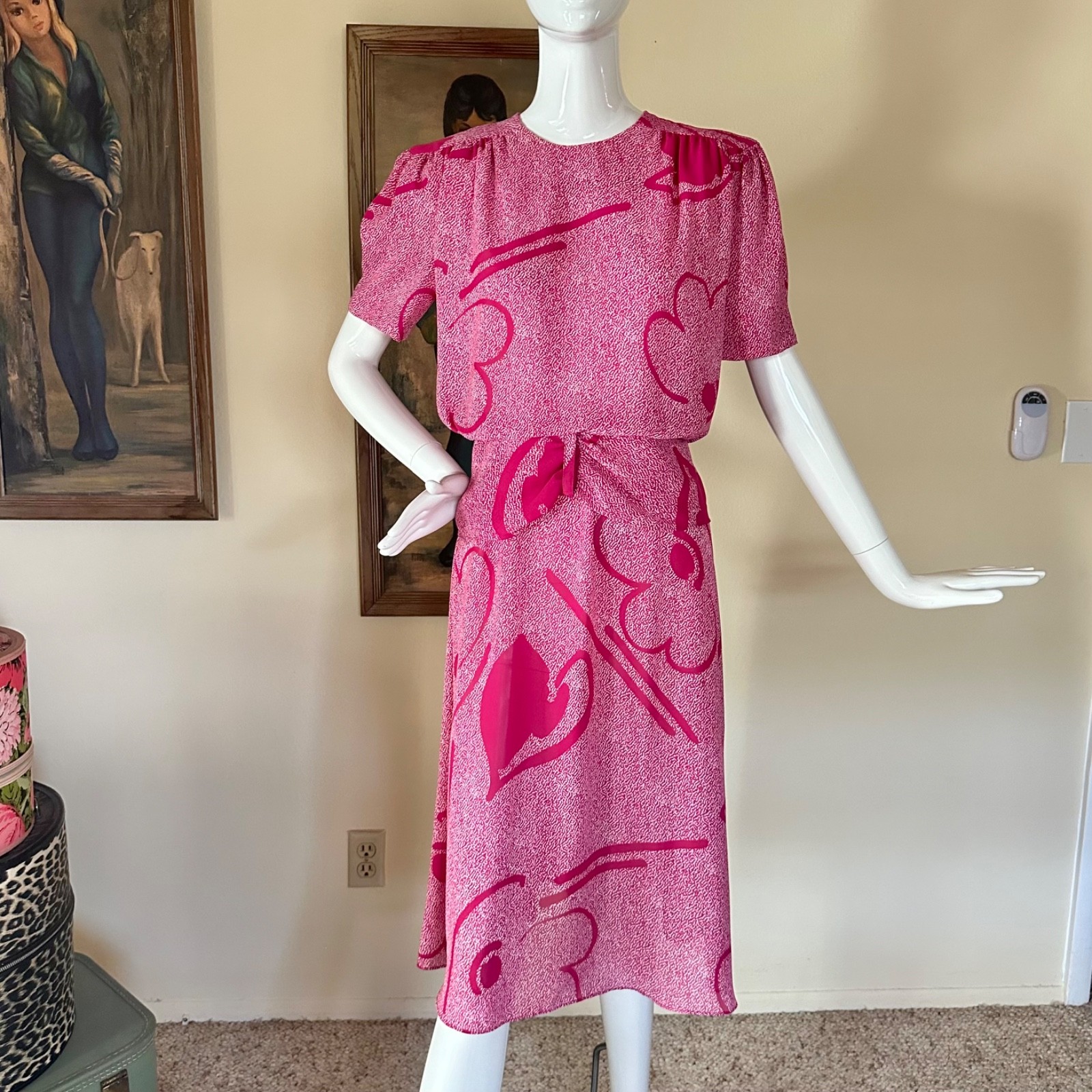 Vintage 1980s New Wave Cartoon Hearts Blouson Peplum Short Sleeve Day Dress M