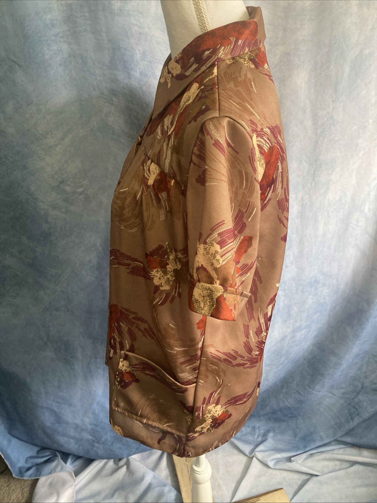 Vtg 70s Polyester Smock Blouse Top Abstract Earth Tone Disco Collar GUC Retro