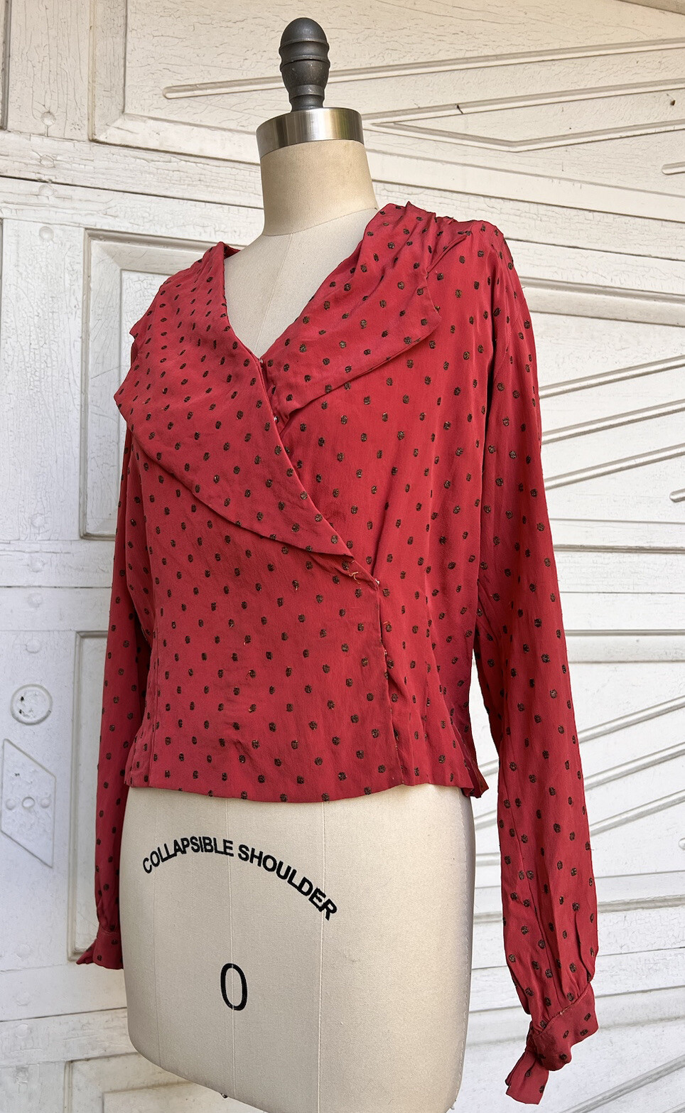 Vintage 1930s 40s Raspberry Silk Blouse Shirt Gold Metallic Dot Embroidery Bows