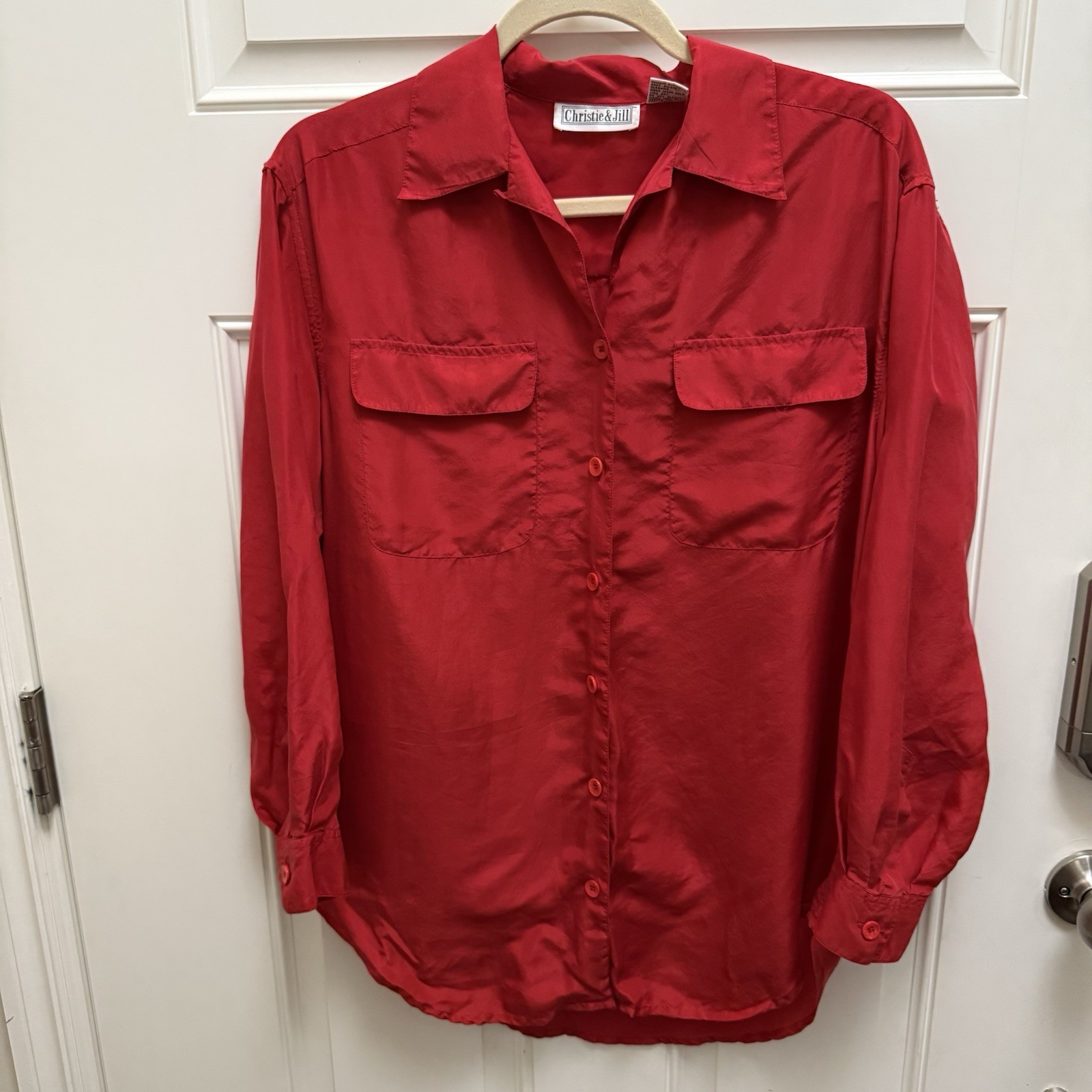 Vintage Christie & Jill Red 100% Silk Button Down Blouse 80’s/90’s Size XS -Read