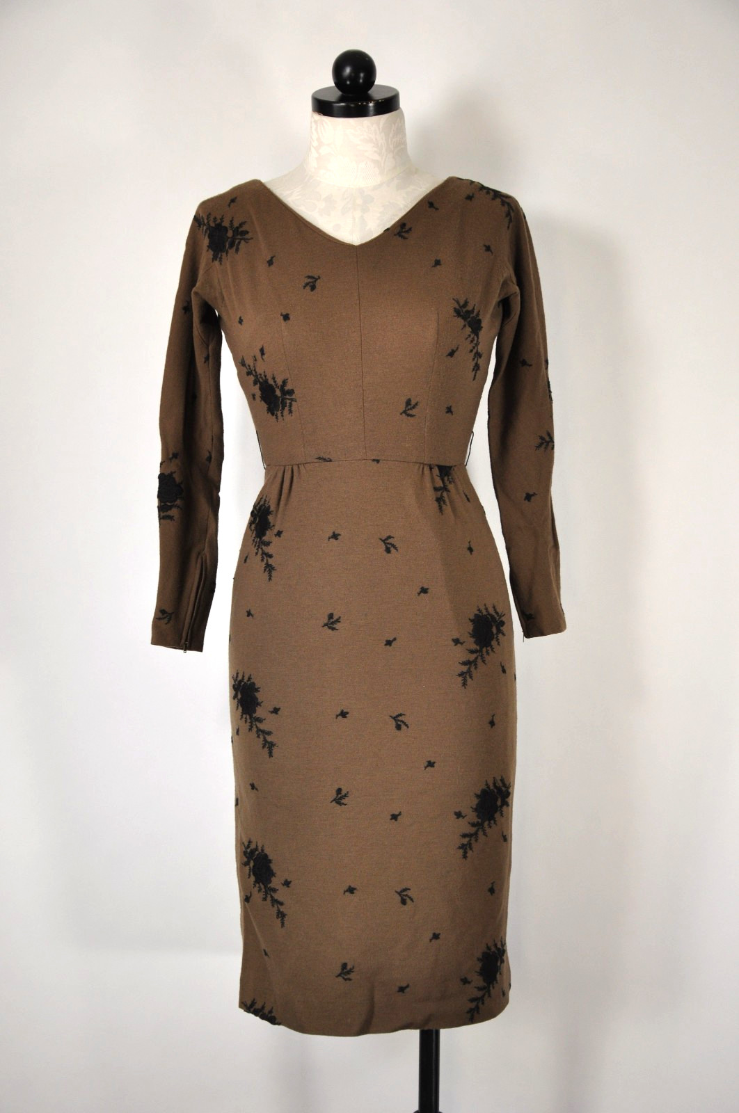 60s Vintage Brown Wool Rose Floral Embroidery Midi Sheath Wiggle Dress Women XS