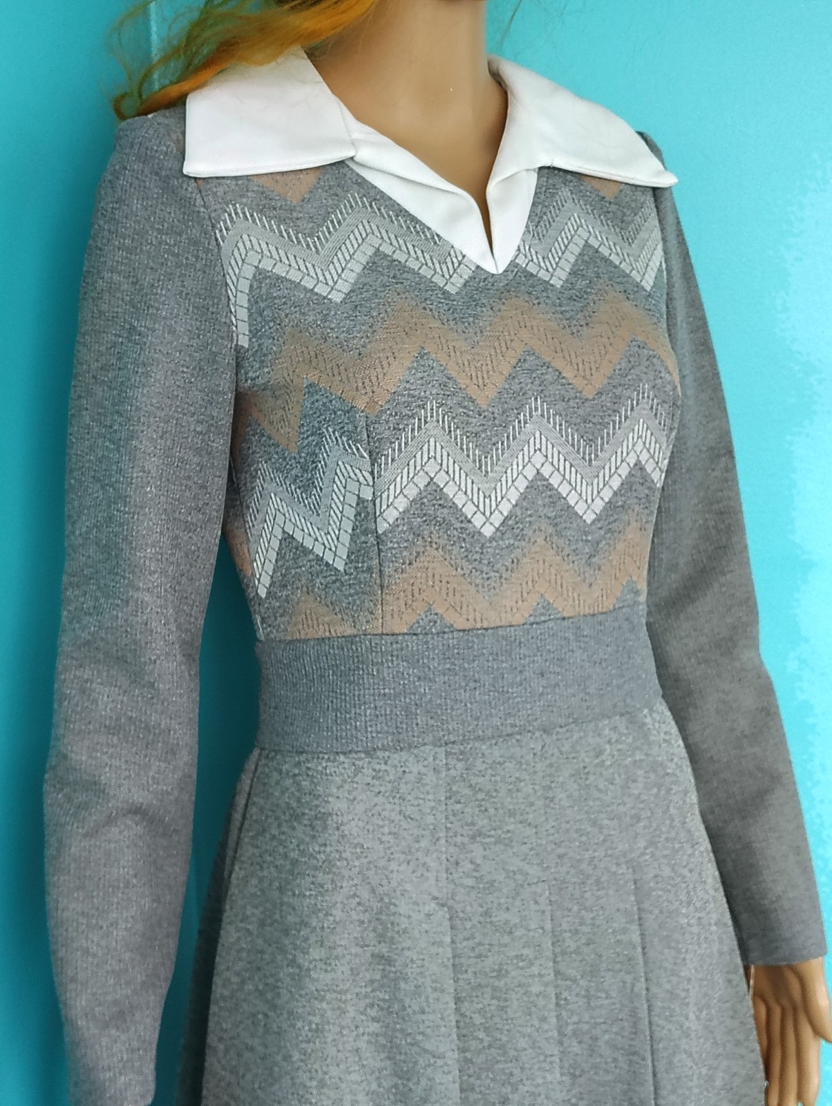 Vintage 70’s Chevron Mini Dress Gray Peter Pan Collar Patty O’Neil NWT size: 11