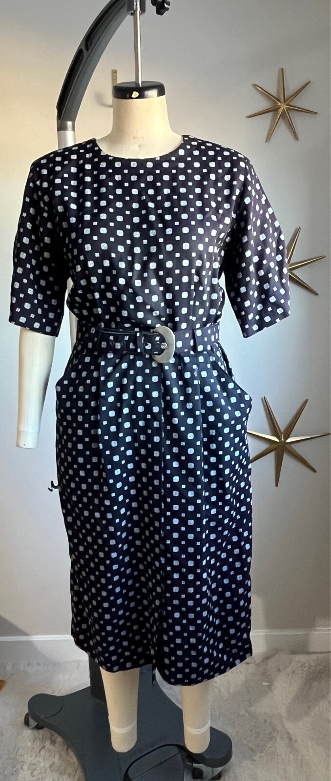 Vintage 1990s Black and White Checked Shirt Waist Dress w/ Belt and Pockets