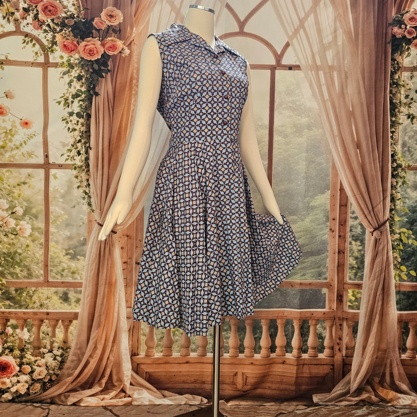 Vintage 1970s Dress Fit and Flare Sandy Lane Blue Brown Geometric Print Buttons