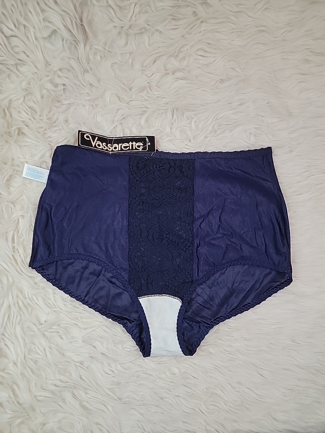 Vintage Vasarette Size 5 Granny Panties Nylon Navy Blue Lace Panel Semi Sheer I