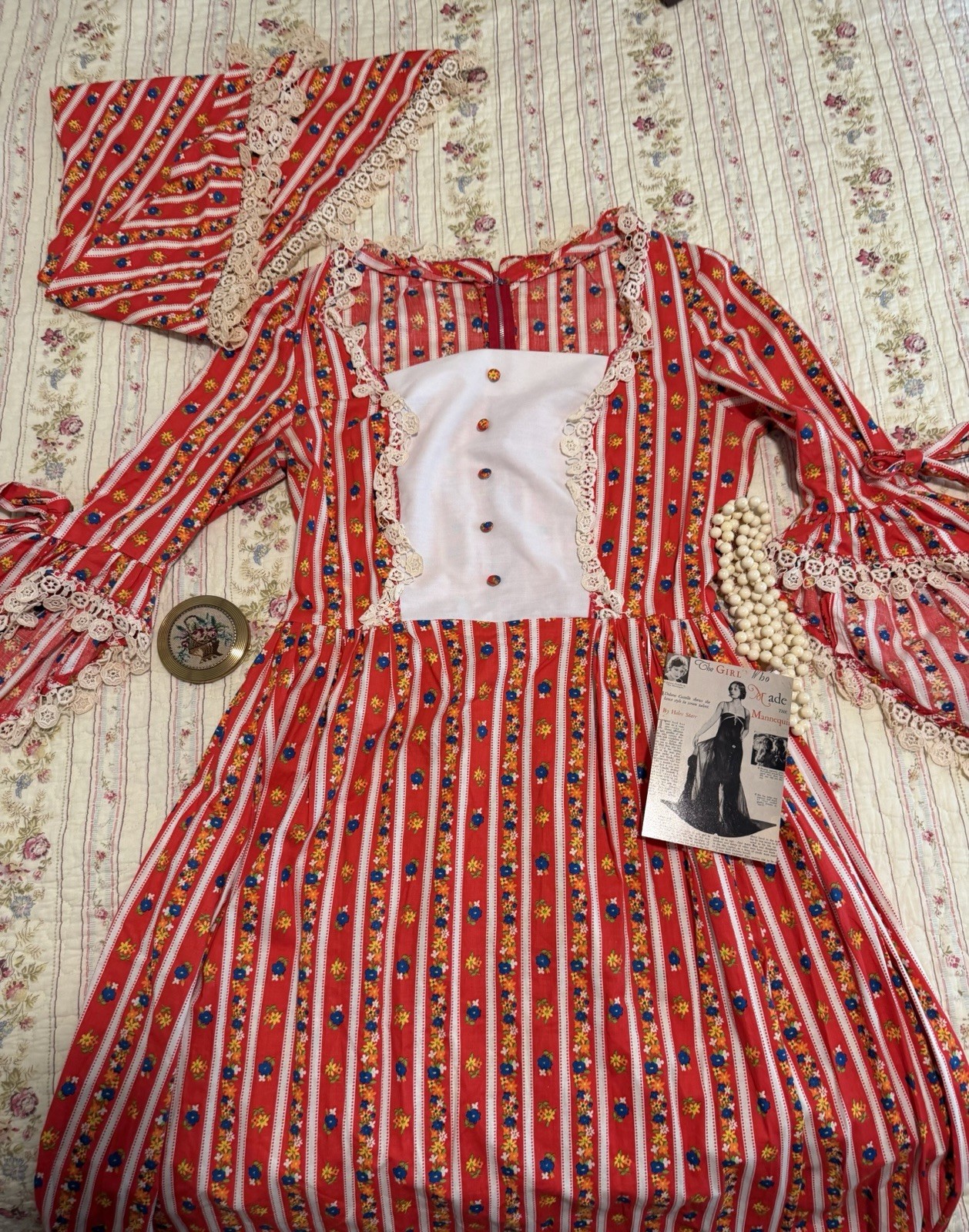 True Vintage 70s Handmade Prairie Dress Bell Sleeve Boho Maxi headscarf S S/M