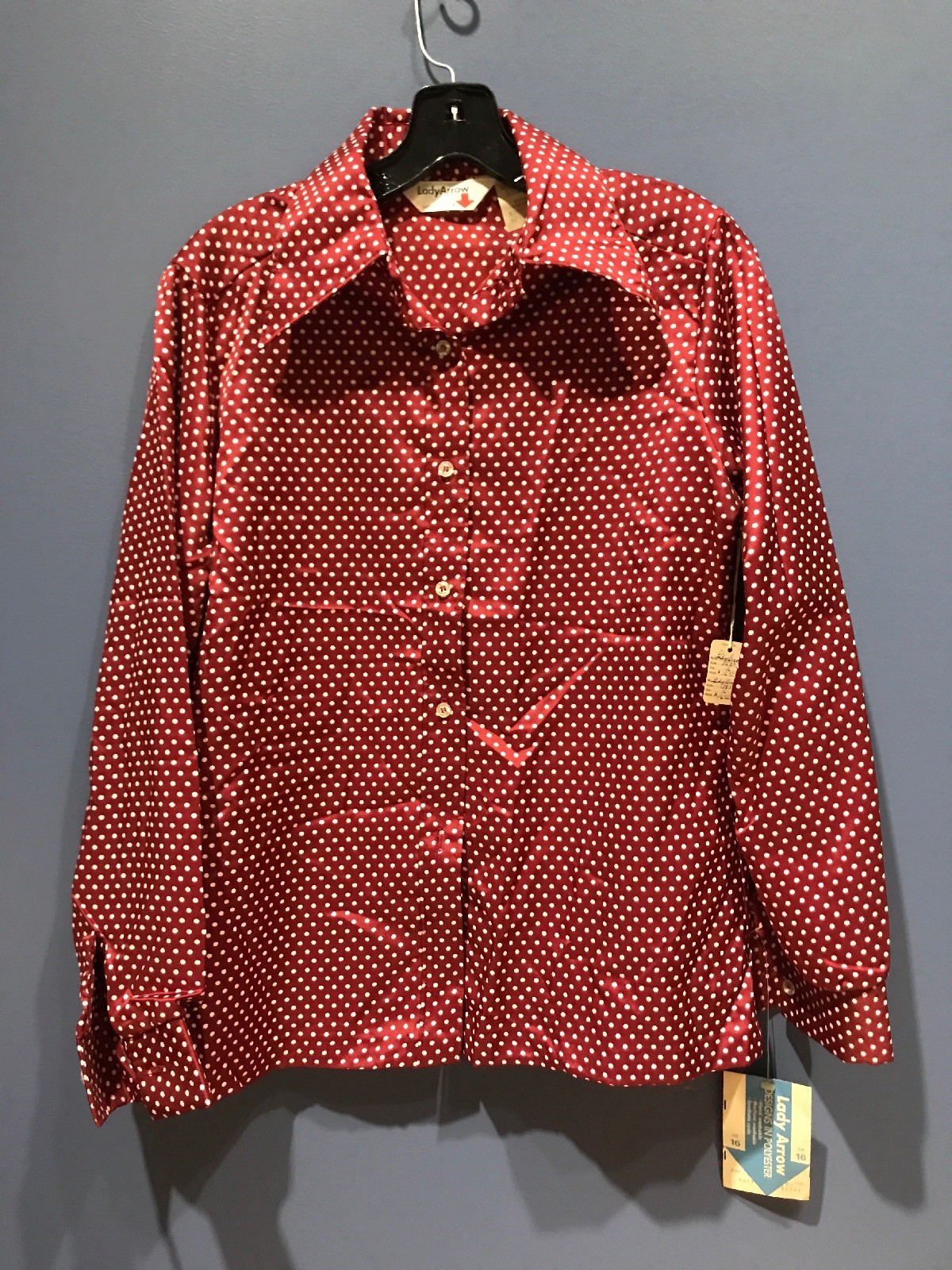 Large Red Top Vtg 70s Polka Dot Berry LADY ARROW ACETATE POLYESTER NWT