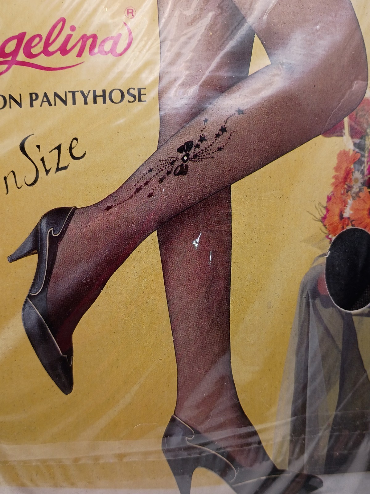 Vtg.80s Angelina Pantyhose Floral,Star,Bow & Rhinestone Black-Sz.Queen NIP