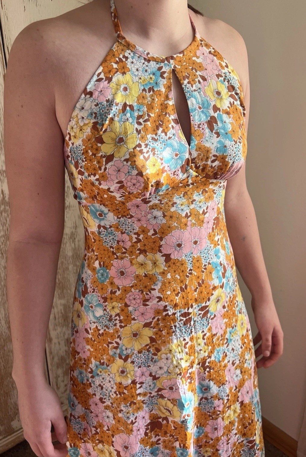 VTG 60s 70s Halter Neck Tie Floral Maxi Dress Multi Color Retro Boho Hippie