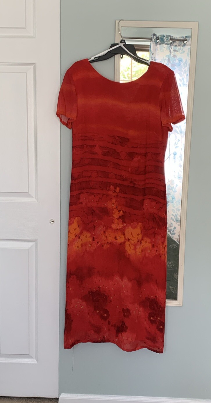 Vtg 90s Donna Ricco New York Cap Sleeve Midi Column Dress Red Orange 12P