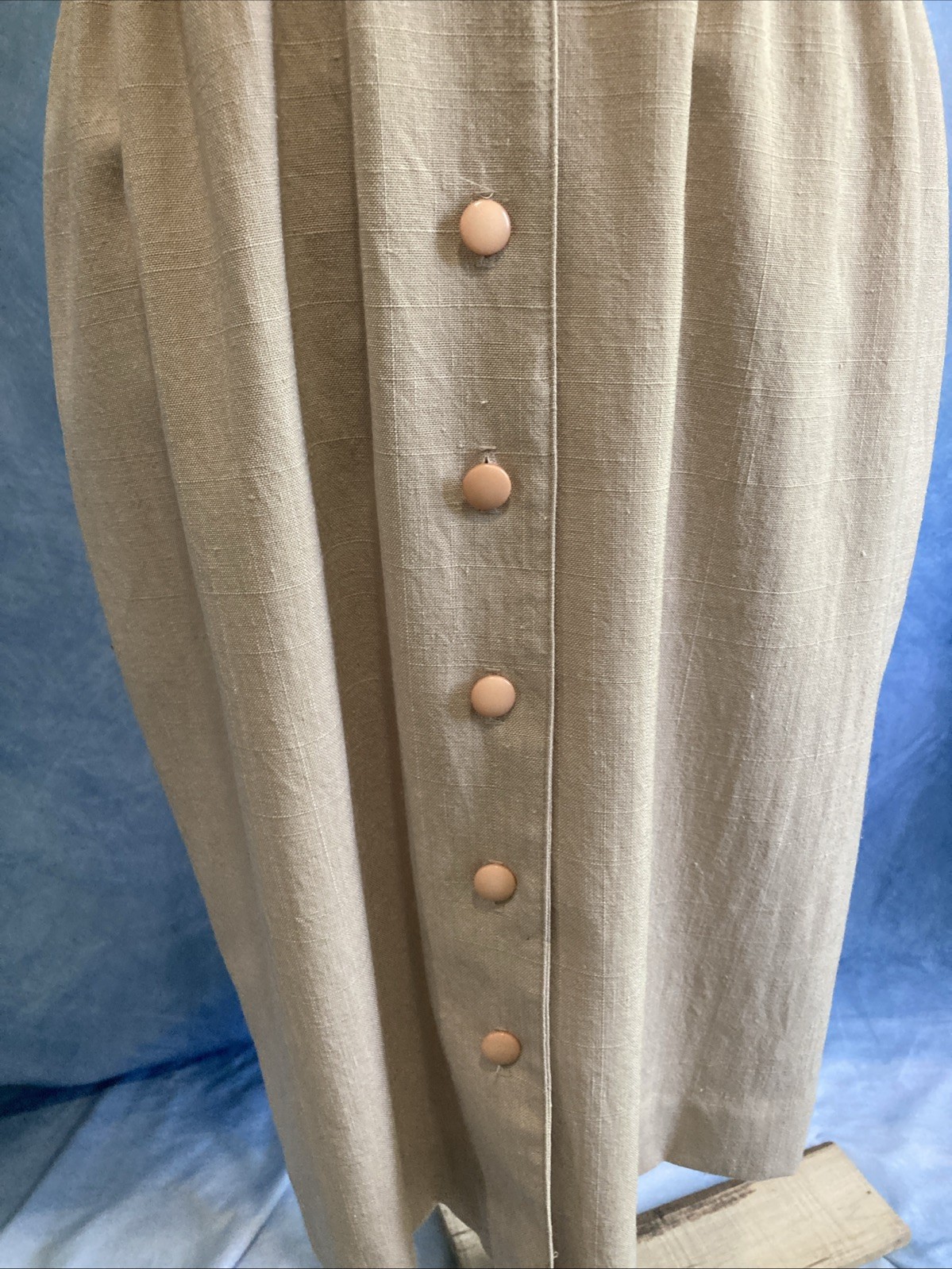 VTG 80s Does 50s Caron Petite Chicago Linen Look Dress Cream Tan Shirtdress XS